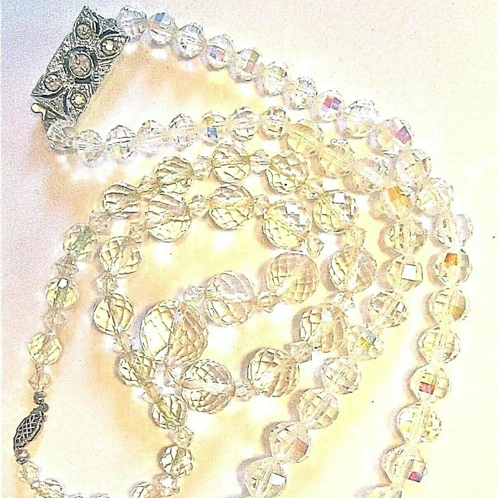 2 Vintage NECKLACES AB CRYSTAL Glass Faceted Bead Fancy Clasp MAISEL Hi End